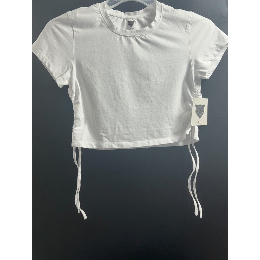 LITA by Ciara NWT Crop Tee Ruched Drawstring on Sides Size Small White MSRP $68